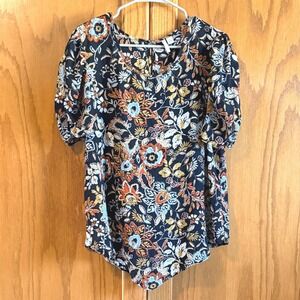 Cato Floral Blouse Womens L Multicolor Excellent Ruched Puff Sleeve Top